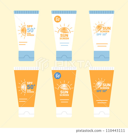 Tubes with sunscreen product. SPF summer skincare product design variations. SPF 50 cream or lotion. Vector illustration 110443111