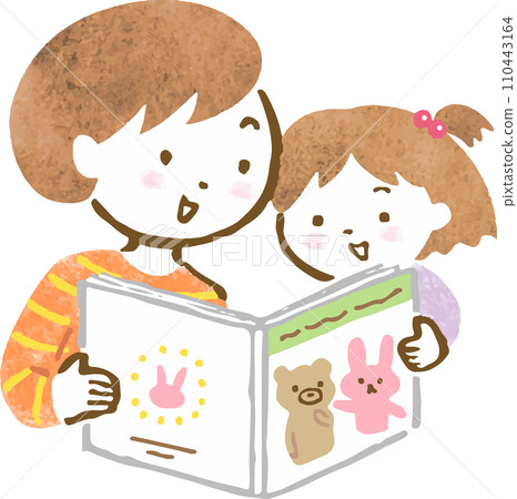 Hand-drawn illustration of a mother reading a picture book to her daughter Hand-drawn illustration of a mother reading a picture book to her daughter 110443164
