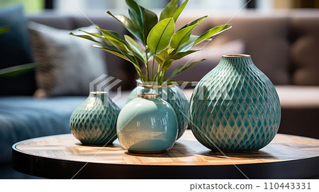 AI-generated content. Home decor in marine style, ceramic collection of ceramic blue vases on table. Cozy place to relax outside in country house on summer sunny day. 110443331