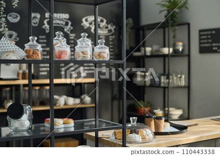 Displays with tasty cookies and snacks 110443338