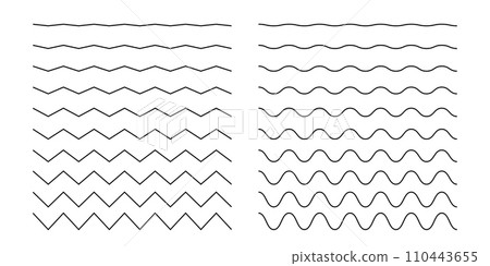 Wave and zigzag horizontal lines. Simple curvy and jagged decorative borders isolated on white background. Sea, ocean, river, liquid, air, wind signs. Corrugated outline textures Wave and zigzag horizontal lines. Simple curvy and jagged decorative borders isolated on white background. Sea, ocean, river, liquid, air, wind signs. Corrugated outline textures 110443655