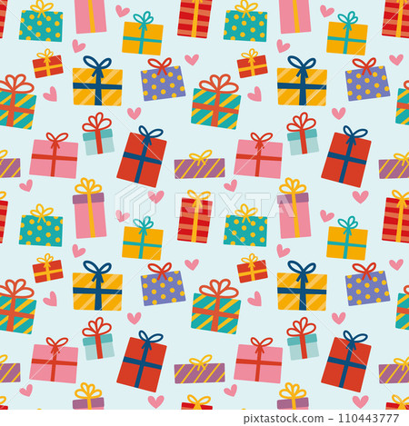 Seamless background material: vector illustration lined with hand-drawn gift boxes and hearts 110443777