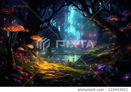 AI-generated content. magical forest with colorful shining lights fairy tale AI-generated content. magical forest with colorful shining lights fairy tale 110443921