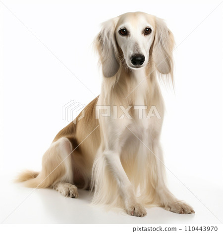 Saluki dog close up portrait isolated on white background. Cute pet, hunting dog, loyal friend, good companion 110443970