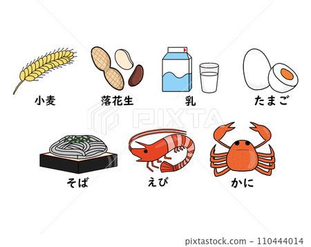 Illustration set (color) showing 7 specific raw materials with allergen labeling 110444014