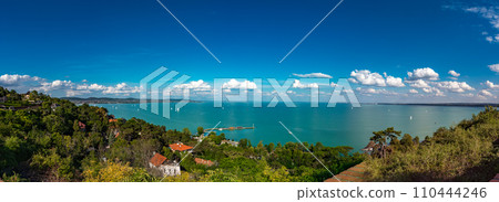 Lake Balaton panoramic view with sailboats from Tihany abbey in Hungary 110444246