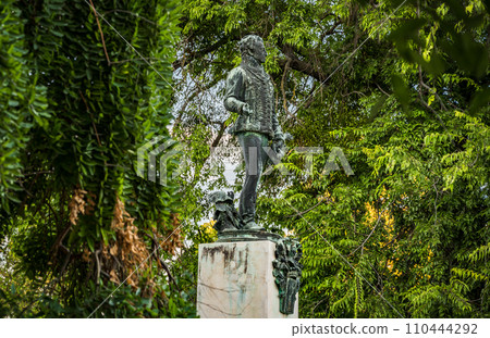 statue of the Festetics Gyorgy Grof in the area of Festetics Palace, Baroque palace located in the Keszthely, Zala, Hungary. 110444292