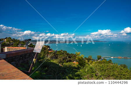 Lake Balaton panoramic view with sailboats from Tihany abbey in Hungary 110444296