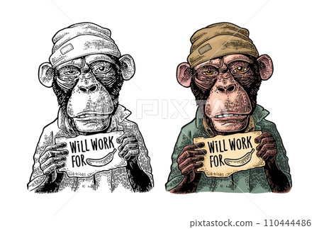Monkeys holding table with lettering WILL WORK FOR FOOD. Engraving Monkeys holding table with lettering WILL WORK FOR FOOD. Engraving 110444486