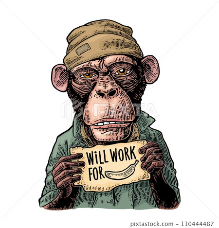 Monkeys holding table with lettering WILL WORK FOR FOOD. Engraving Monkeys holding table with lettering WILL WORK FOR FOOD. Engraving 110444487