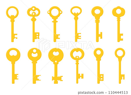 Golden keys set isolated on white background. Cartoon style. Vector illustration for any design. 110444513