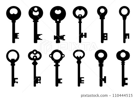 Black silhouette keys set isolated on white background. Vector illustration for any design. Black silhouette keys set isolated on white background. Vector illustration for any design. 110444515