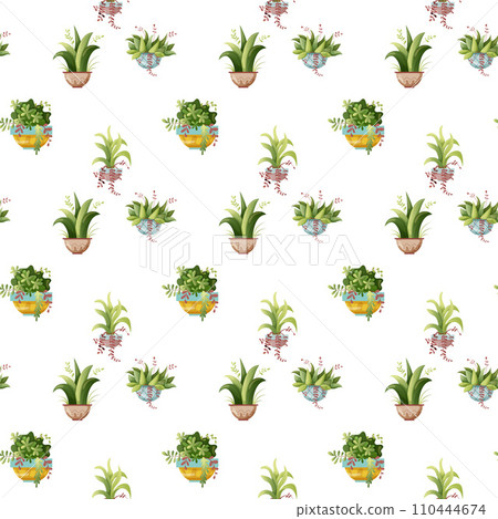 Seamless pattern. Houseplant plant growing in pots. Set of handmade home plants isolated on white background. Cartoon flat illustration. Seamless pattern. Houseplant plant growing in pots. Set of handmade home plants isolated on white background. Cartoon flat illustration. 110444674