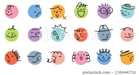 圓圈上繪製的不同顏色和表情的抽象面孔的向量圖解 圓圈上繪製的不同顏色和表情的抽象面孔的向量圖解 110444710