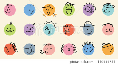 Vintage style vector illustration of abstract faces of different colors and expressions drawn on circles Vintage style vector illustration of abstract faces of different colors and expressions drawn on circles 110444711