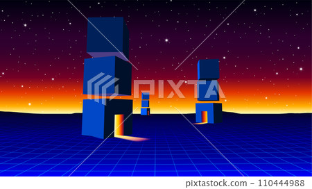 Futuristic landscape with portal cubes architectural abstraction. 80s styled synthwave surreal arcade game scene Futuristic landscape with portal cubes architectural abstraction. 80s styled synthwave surreal arcade game scene 110444988