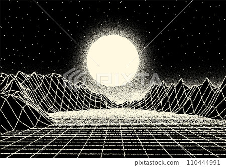 Retro dotwork landscape with 80s styled sun, grid mountains and stars background from old sci-fi book or poster. Retro dotwork landscape with 80s styled sun, grid mountains and stars background from old sci-fi book or poster. 110444991