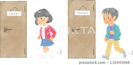 Elementary school student rushing to the toilet watercolor painting 110445066
