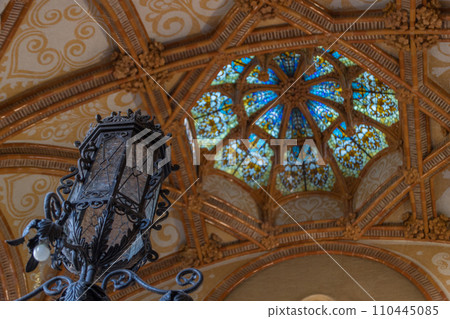 Stained glass and gas lamps at Sant Pau Hospital 110445085