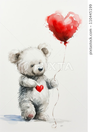 AI-generated content. Cute teddy bear with red heart balloon on white. Valentine's day card, hand drawing style 110445199