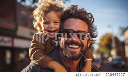 AI-generated content. Happy Caucasian father with kid on his shoulders. Father giving son ride on his back in park. AI-generated content. Happy Caucasian father with kid on his shoulders. Father giving son ride on his back in park. 110445217