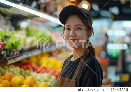 AI-generated content. Asian Woman staff in apron working in grocery store. Business concept 110445226