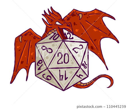 Dice d20 for playing Dnd. Dungeon and dragons board game. Cartoon outline drawn illustration. A magical creature Dice d20 for playing Dnd. Dungeon and dragons board game. Cartoon outline drawn illustration. A magical creature 110445239
