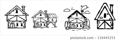 Medieval house. Village building. Old house with chimney. Sketch image of vintage european street. Cartoon retro illustration 110445253