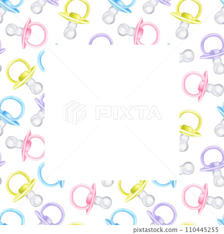Square frame baby boy girl pacifier dummy. Pink blue violet green. Hand drawn watercolor illustration isolated on white background. Collection to newborn, baby shower, gender reveal party 110445255