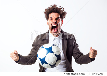 Emotionally excited male sports fan of the championship in a club uniform, white background isolate. 110445289