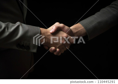 Strong friendly partnership business handshake of two male hands, dark background isolate. 110445291