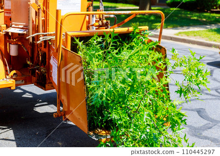 Wood chipper machine releasing the shredded woods 110445297