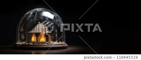 Insurance of private home, concept of life and property safety. Burning housing under dome. 110445319