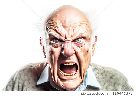 An elderly man grandfather shouts in angry anger, aggressively disappointed, white background isolate. . An elderly man grandfather shouts in angry anger, aggressively disappointed, white background isolate. . 110445375
