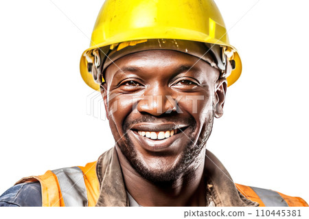 Close-up of a smiling male road worker in uniform, helmet, special clothing, white background isolate. 110445381