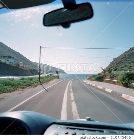 Travel to the sea. View from the car window of the sea coast, blue sea, southern landscape. Travel to the sea. View from the car window of the sea coast, blue sea, southern landscape. 110445406
