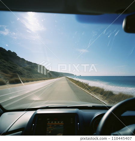 Travel to the sea. View from the car window of the sea coast, blue sea, southern landscape. Travel to the sea. View from the car window of the sea coast, blue sea, southern landscape. 110445407