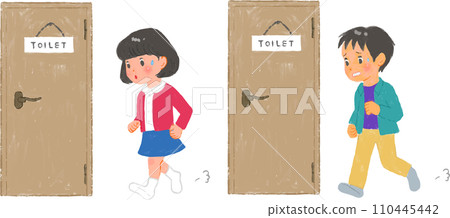 Elementary school student rushing to the toilet in a gouache drawing 110445442