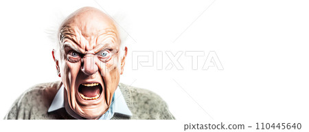 An elderly man grandfather shouts in angry anger, aggressively disappointed, white background isolate. . 110445640