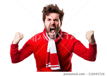 Emotionally excited male sports fan of the championship in a club uniform, white background isolate. Emotionally excited male sports fan of the championship in a club uniform, white background isolate. 110445728