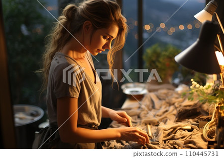 Young beautiful woman enthusiastically engaged in sewing hobby in evening interior background. Young beautiful woman enthusiastically engaged in sewing hobby in evening interior background. 110445731