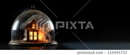 Insurance of private home, concept of life and property safety. Burning housing under dome. Insurance of private home, concept of life and property safety. Burning housing under dome. 110445733