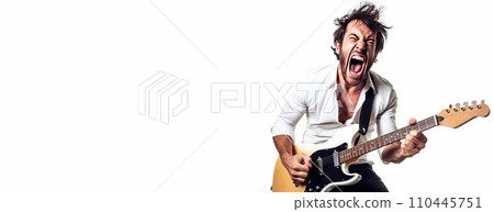 Close-up of an artist musician plays the guitar, sings loudly, screams emotionally excitedly, white background isolate. Close-up of an artist musician plays the guitar, sings loudly, screams emotionally excitedly, white background isolate. 110445751