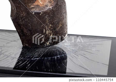 Phone under hammer isolated on white background Phone under hammer isolated on white background 110445754