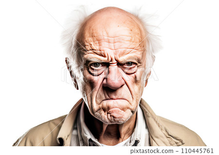 An elderly man grandfather shouts in angry anger, aggressively disappointed, white background isolate. . 110445761