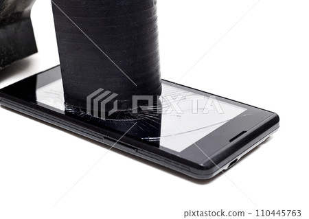Broken screen telephone with heel shoes isolated on whie background Broken screen telephone with heel shoes isolated on whie background 110445763