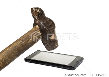 Phone under hammer isolated on white background Phone under hammer isolated on white background 110445768