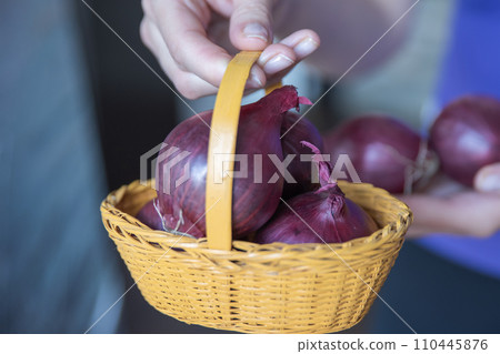 Hands holding a red onion close-up. Preparing seasoning for meat. 110445876