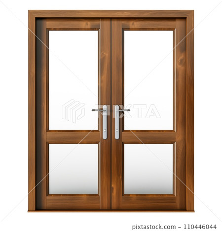 AI-generated content. Double door with transparent glass isolated on a transparent background. A wooden door in a classic style is suitable as a design element to be inserted into a design or project 110446044