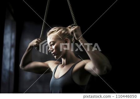 A woman gymnast exercises on sports horizontal bars, dark background isolate. A woman gymnast exercises on sports horizontal bars, dark background isolate. 110446050